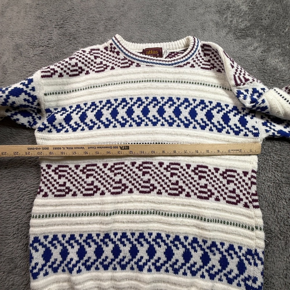 Atlas USA Mens M Vintage Knit Sweater Cream Fair Isle Patterned Crew Neck - Picture 7 of 8